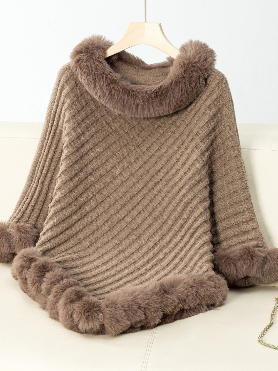 Fuzzy Trim Texture Three-Quarter Sleeve Poncho - All Mine Now Clothing