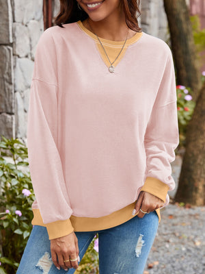 Lovelet Contrast Round Neck Long Sleeve Sweatshirt - All Mine Now Clothing