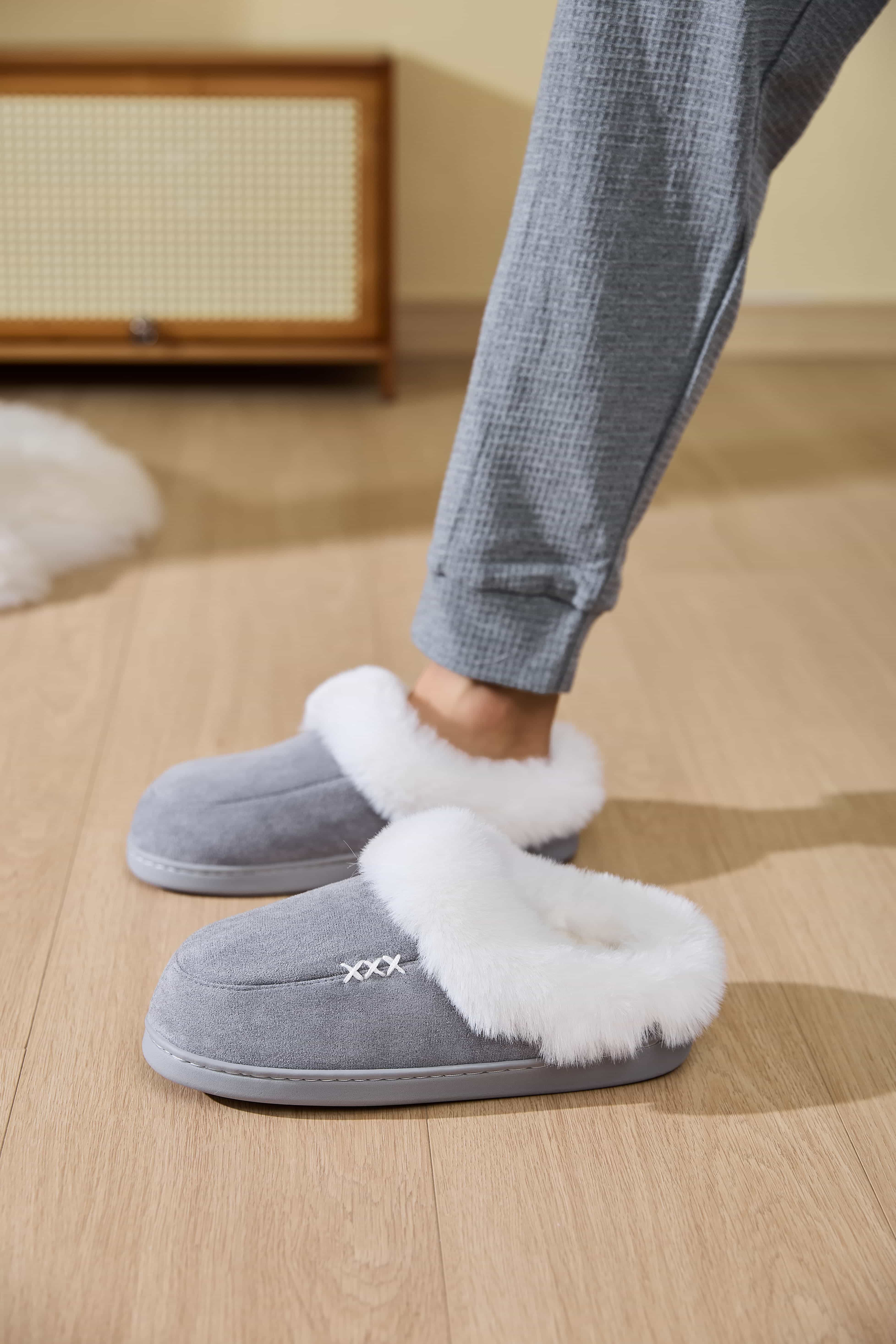 Fluff Trim Round Toe Flat Slippers - All Mine Now Clothing