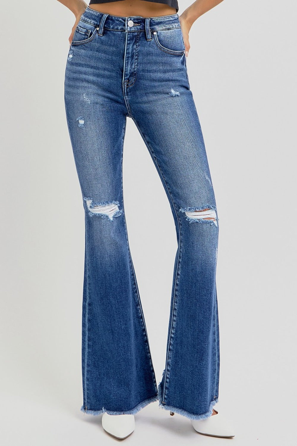 RISEN Full Size High Rise Distressed Raw Hem Flare Jeans Trendsi