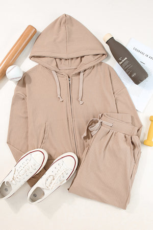 Drawstring Zip Up Hoodie and Pants Active Set - All Mine Now Clothing