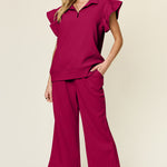 Double Take Texture Ruffle Short Sleeve Top and Drawstring Wide Leg Pants Set - All Mine Now Clothing