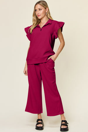 Double Take Texture Ruffle Short Sleeve Top and Drawstring Wide Leg Pants Set - All Mine Now Clothing