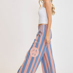 Umgee Peace Sign Patch Striped Wide Leg Pants - All Mine Now Clothing