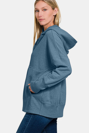 Zenana Half Snap Long Sleeve Hoodie with Kangaroo Pocket - All Mine Now Clothing