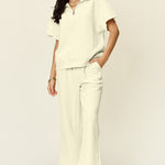 Double Take Full Size Texture Half Zip Short Sleeve Top and Pants Set - All Mine Now Clothing