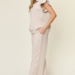 Double Take Texture Ruffle Short Sleeve Top and Drawstring Wide Leg Pants Set - All Mine Now Clothing