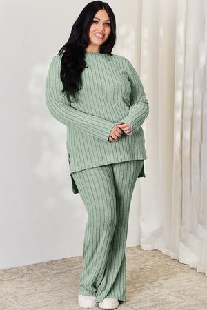 Basic Bae Full Size Ribbed High-Low Top and Wide Leg Pants Set - All Mine Now Clothing