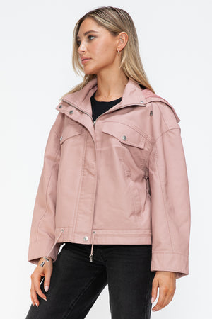 How Dare U Drawstring Hem PU Leather Zip Up Jacket - All Mine Now Clothing