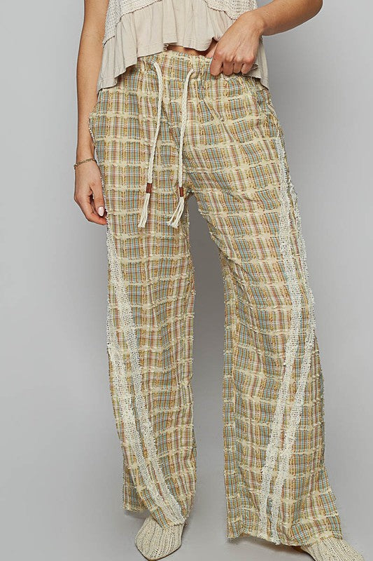 POL Lace Trim Drawstring Checkered Wide Leg Pants - All Mine Now Clothing