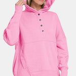 Zenana Half Snap Long Sleeve Hoodie with Kangaroo Pocket - All Mine Now Clothing