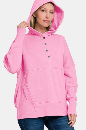 Zenana Half Snap Long Sleeve Hoodie with Kangaroo Pocket - All Mine Now Clothing