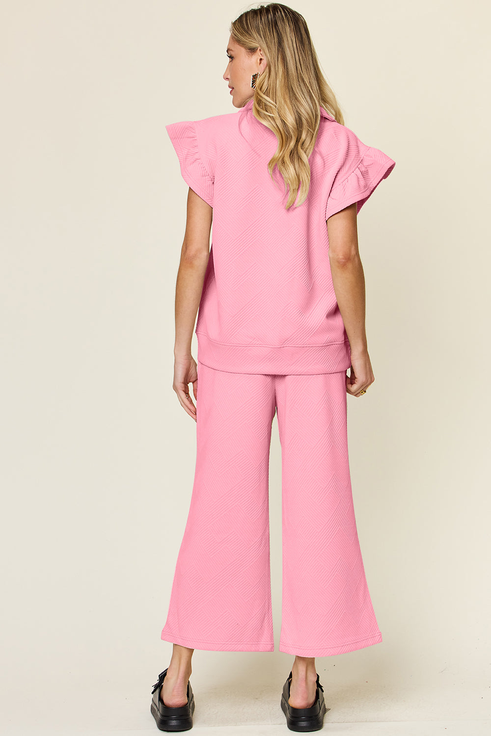 Double Take Texture Ruffle Short Sleeve Top and Drawstring Wide Leg Pants Set - All Mine Now Clothing