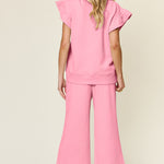 Double Take Texture Ruffle Short Sleeve Top and Drawstring Wide Leg Pants Set - All Mine Now Clothing