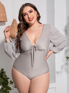 Plus Size Tied Deep V Balloon Sleeve One-Piece Swimsuit - All Mine Now Clothing