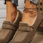 Fuzzy Buckle Flat Slip-Ons