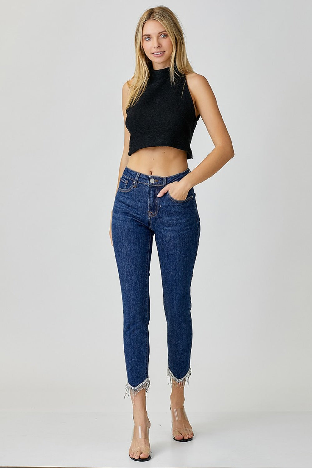 RISEN Full Size Embellished Mid Rise Crop Skinny Jeans - All Mine Now Clothing