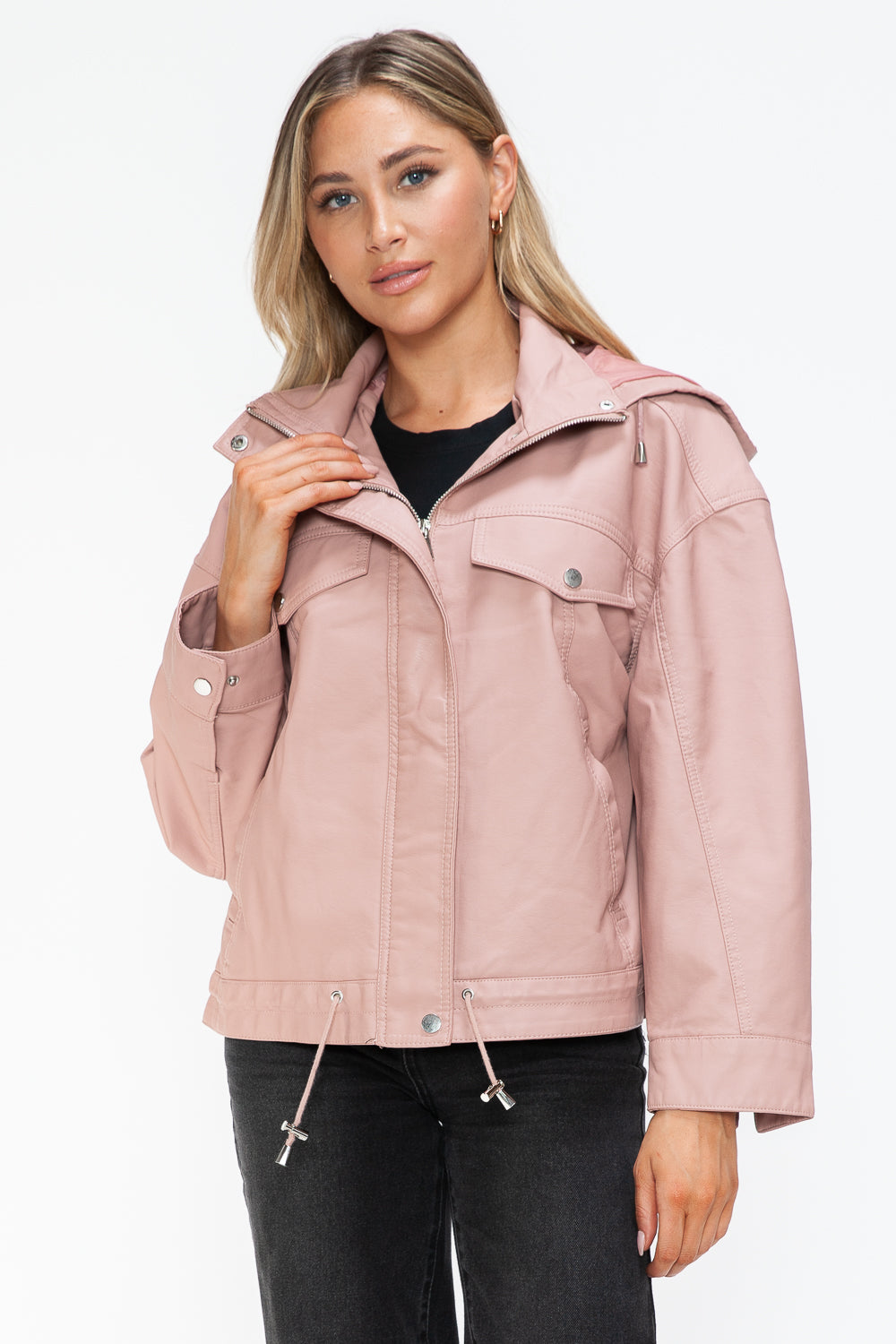 How Dare U Drawstring Hem PU Leather Zip Up Jacket - All Mine Now Clothing