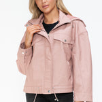 How Dare U Drawstring Hem PU Leather Zip Up Jacket - All Mine Now Clothing