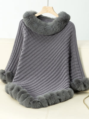 Fuzzy Trim Texture Three-Quarter Sleeve Poncho - All Mine Now Clothing