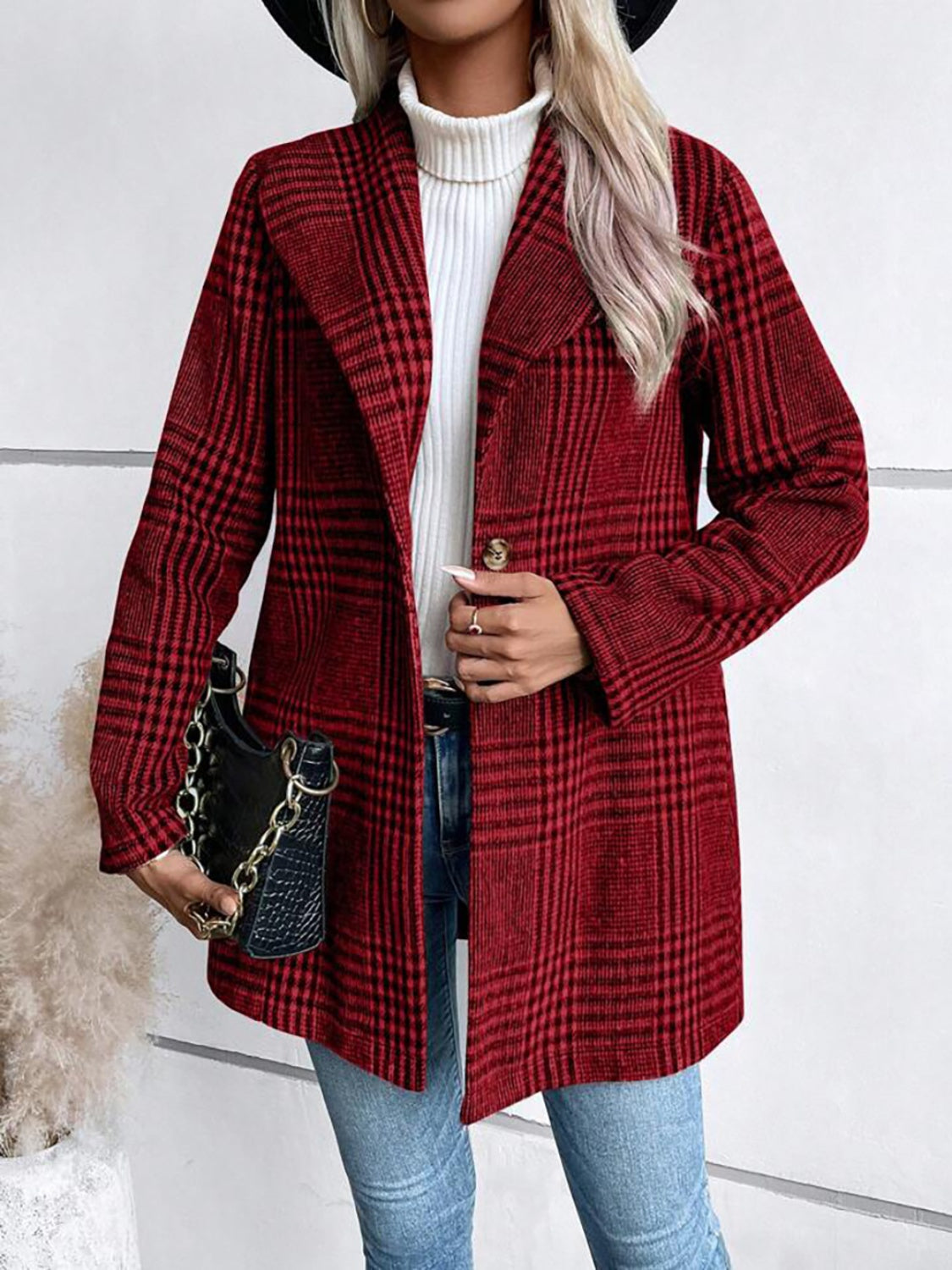 Plaid Collared Neck Long Sleeve Jacket - All Mine Now Clothing