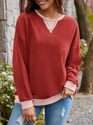 Lovelet Contrast Round Neck Long Sleeve Sweatshirt - All Mine Now Clothing