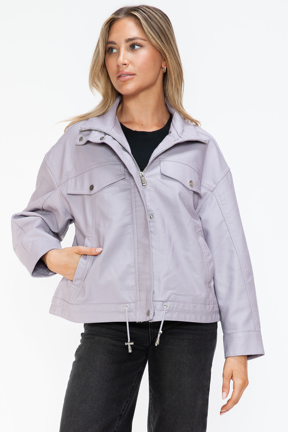 How Dare U Drawstring Hem PU Leather Zip Up Jacket - All Mine Now Clothing