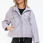 How Dare U Drawstring Hem PU Leather Zip Up Jacket - All Mine Now Clothing