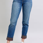 Judy Blue Full Size Plaid Print Cuff Straight Leg Jeans with Pockets Trendsi