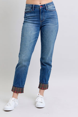 Judy Blue Full Size Plaid Print Cuff Straight Leg Jeans with Pockets Trendsi