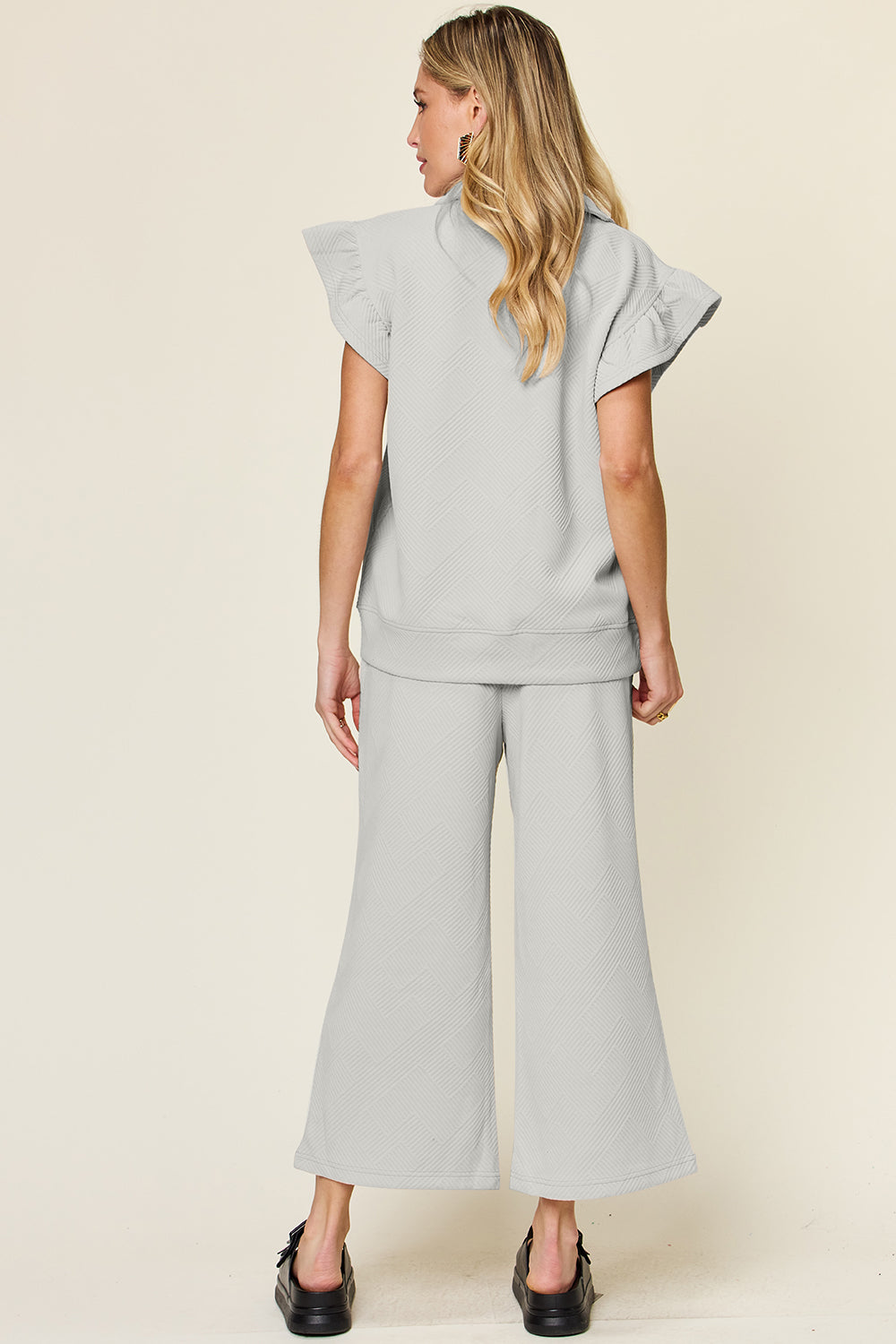 Double Take Texture Ruffle Short Sleeve Top and Drawstring Wide Leg Pants Set - All Mine Now Clothing