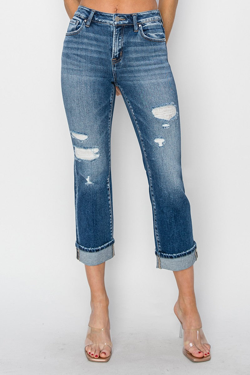 RISEN Full Size Cuffed Ankle Distressed Straight Jeans - All Mine Now Clothing