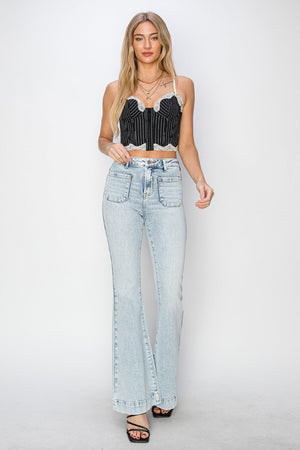 Risen Full Size High Rise Front Patch Pocket Flare Jeans Trendsi