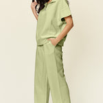 Double Take Full Size Texture Half Zip Short Sleeve Top and Pants Set - All Mine Now Clothing