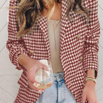 Houndstooth Collared Neck Double-Breasted Blazer Trendsi