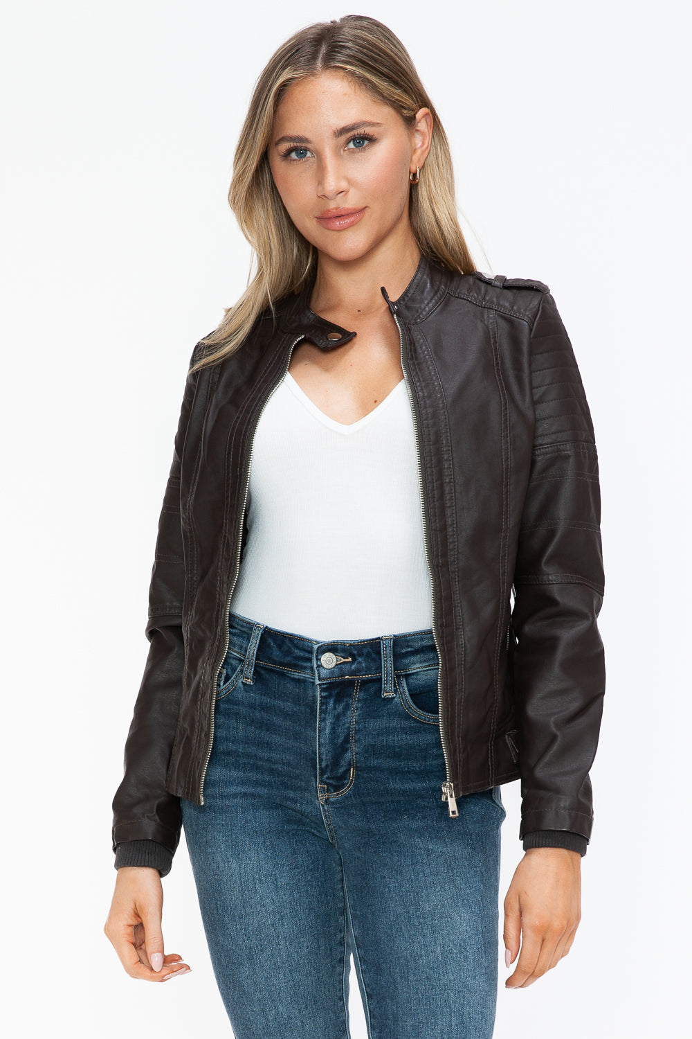 Snobbish PU Leather Biker Jacket with Side Zip Pockets - All Mine Now Clothing