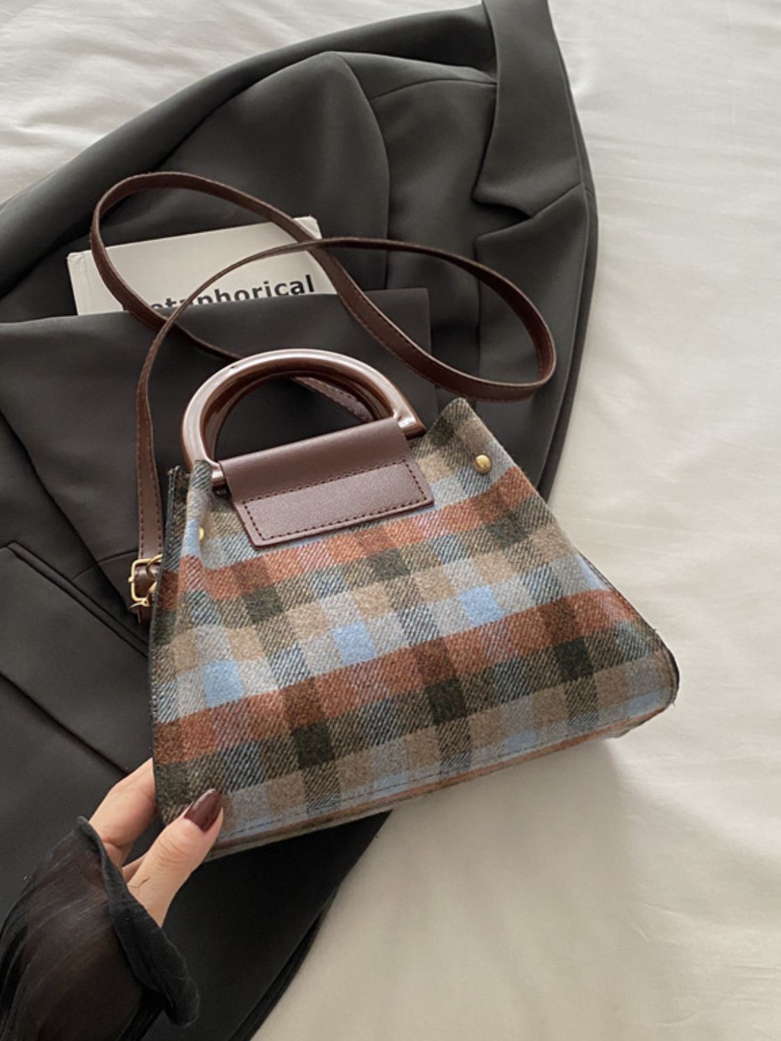 Contrast Plaid Trapezoid Shape Crossbody Bag - All Mine Now Clothing