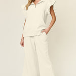 Double Take Texture Ruffle Short Sleeve Top and Drawstring Wide Leg Pants Set - All Mine Now Clothing