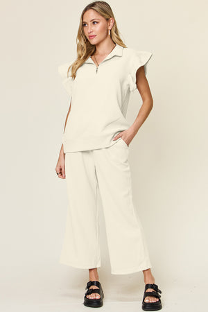 Double Take Texture Ruffle Short Sleeve Top and Drawstring Wide Leg Pants Set - All Mine Now Clothing