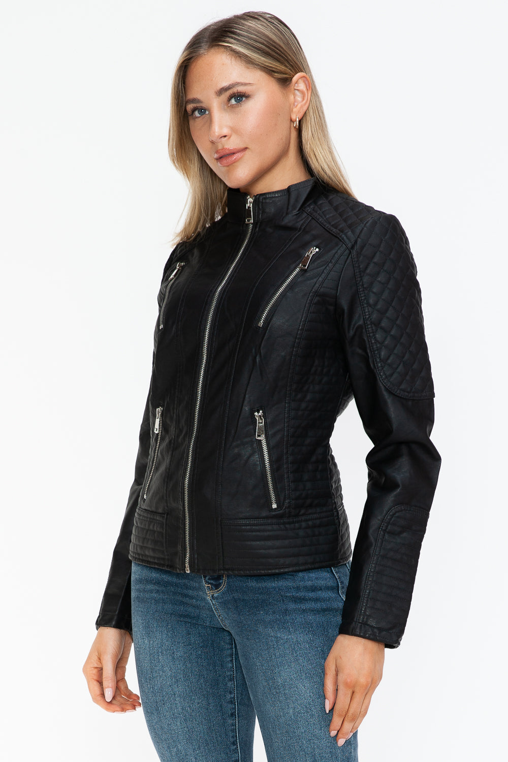 Snobbish Faux Leather Zip Up Mock Neck Jacket - All Mine Now Clothing