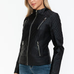 Snobbish Faux Leather Zip Up Mock Neck Jacket - All Mine Now Clothing