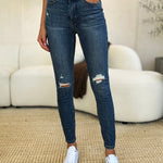 Judy Blue Full Size Mid Waist Distressed Slim Jeans Trendsi