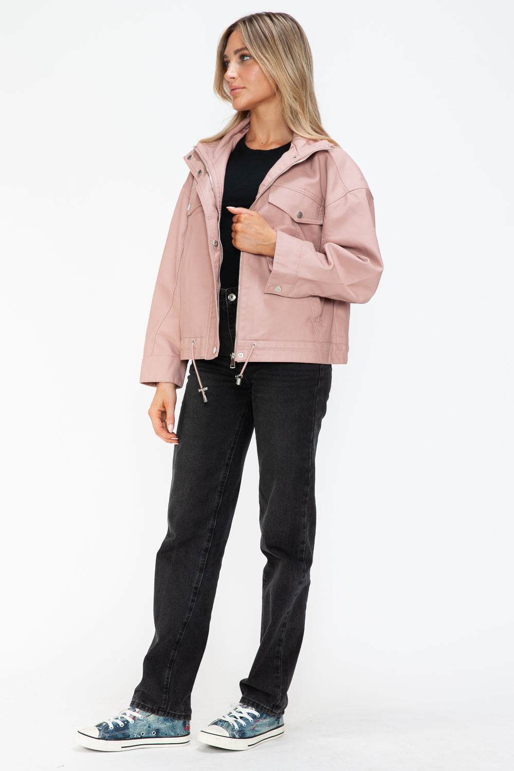 How Dare U Drawstring Hem PU Leather Zip Up Jacket - All Mine Now Clothing