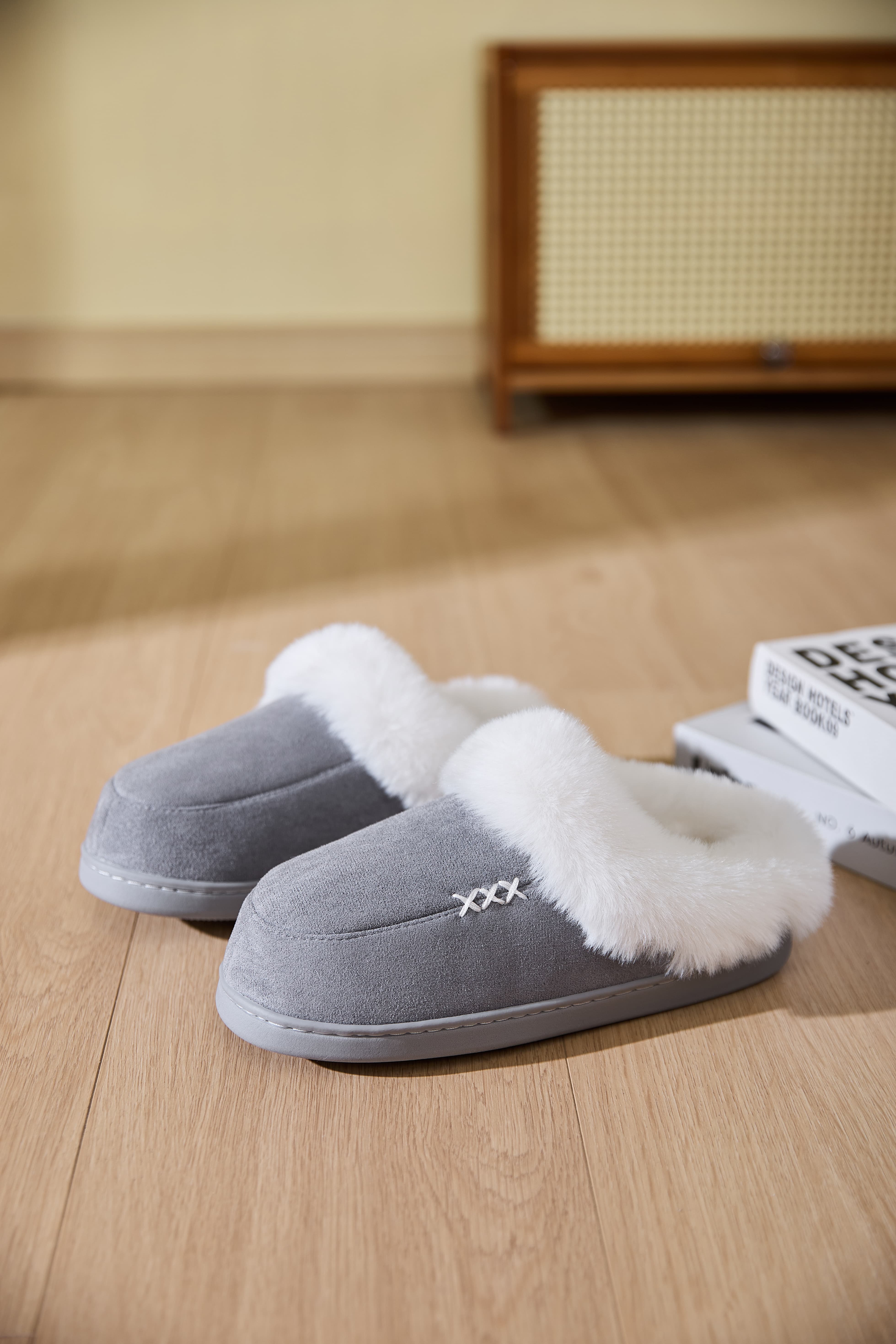 Fluff Trim Round Toe Flat Slippers - All Mine Now Clothing