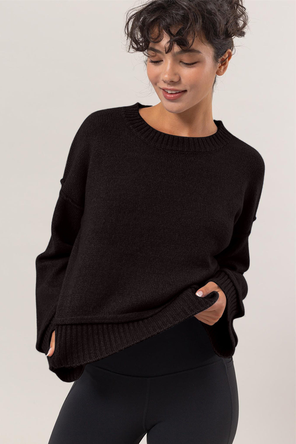 HYFVE Round Neck Dropped Shoulder Ribbed Sweater - All Mine Now Clothing