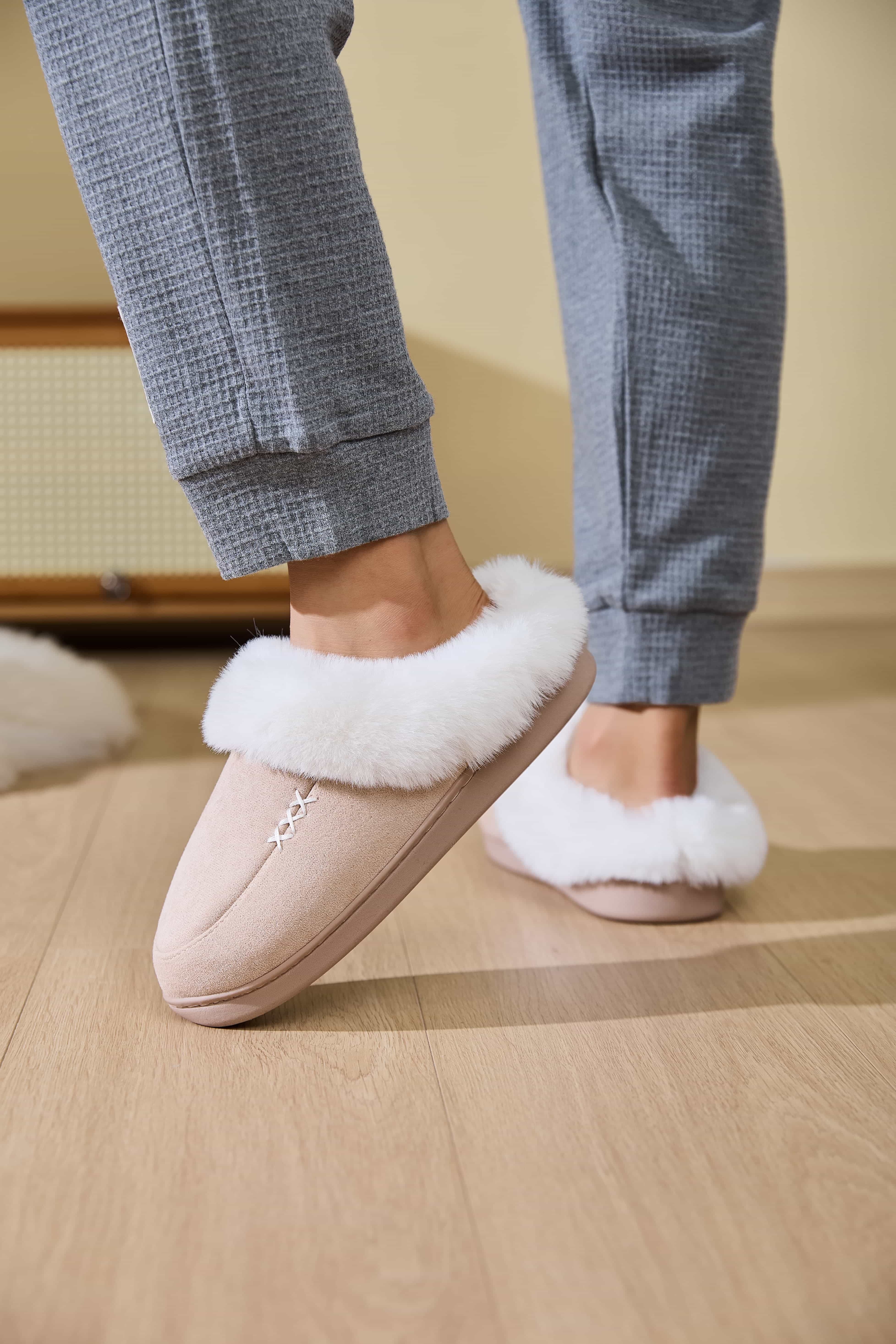 Fluff Trim Round Toe Flat Slippers - All Mine Now Clothing