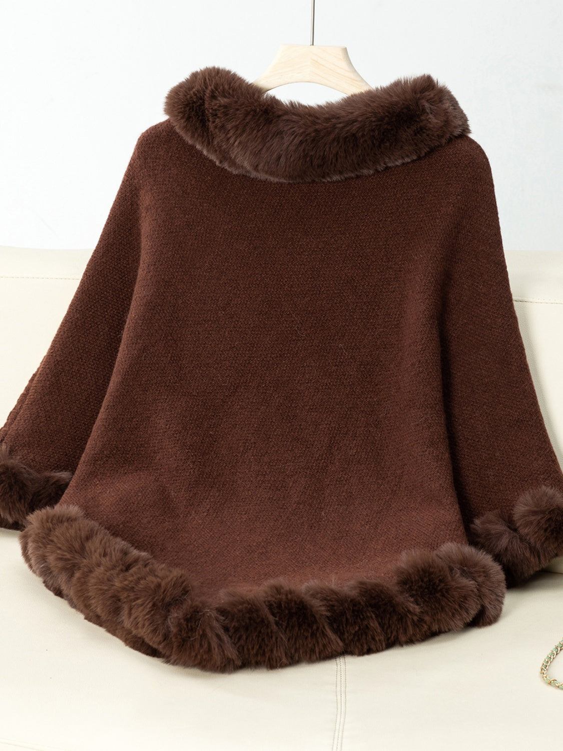 Fuzzy Trim Texture Three-Quarter Sleeve Poncho - All Mine Now Clothing