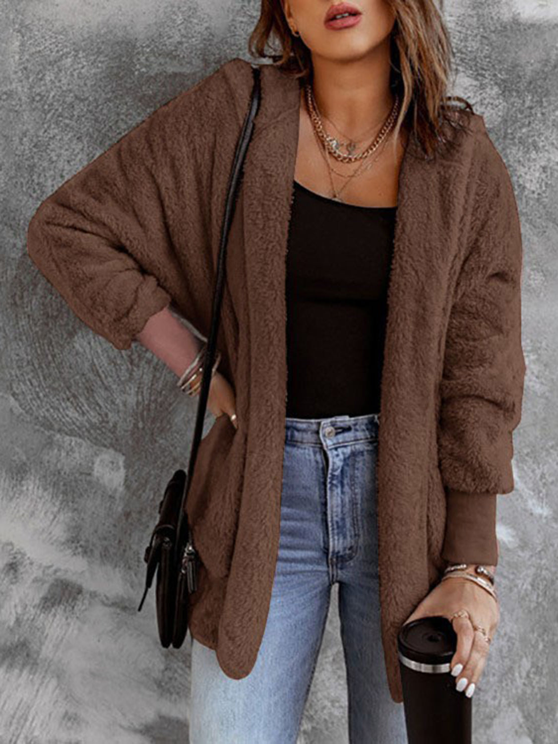 Open Front Hooded Faux Fur Outwear with Pockets - All Mine Now Clothing