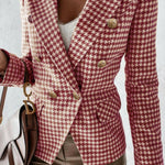 Houndstooth Collared Neck Double-Breasted Blazer Trendsi