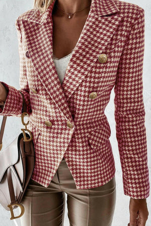 Houndstooth Collared Neck Double-Breasted Blazer Trendsi